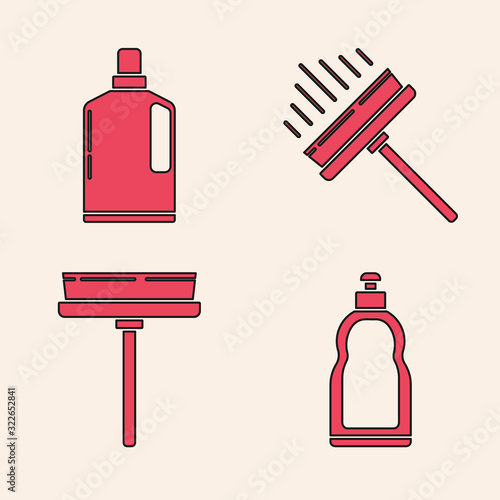Set Plastic bottles for liquid dishwashing liquid, Plastic bottles for liquid dishwashing liquid, Squeegee, scraper, wiper and Squeegee, scraper, wiper icon. Vector