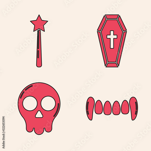 Set Vampire teeth , Magic wand , Coffin with christian cross and Skull icon. Vector photo