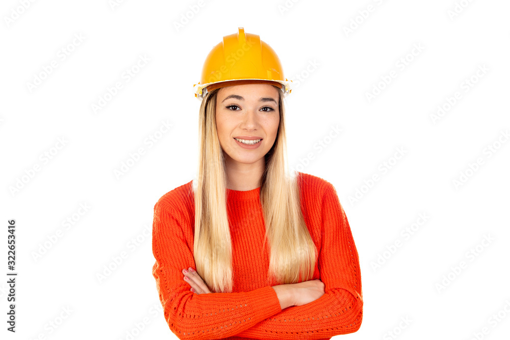 Attractive blonde woman with yellow helmet Attractive blonde woman with yellow helmet