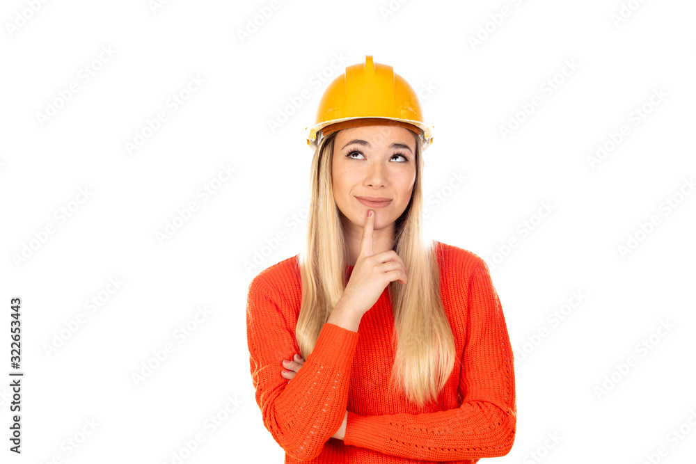 Attractive blonde woman with yellow helmet Attractive blonde woman with yellow helmet