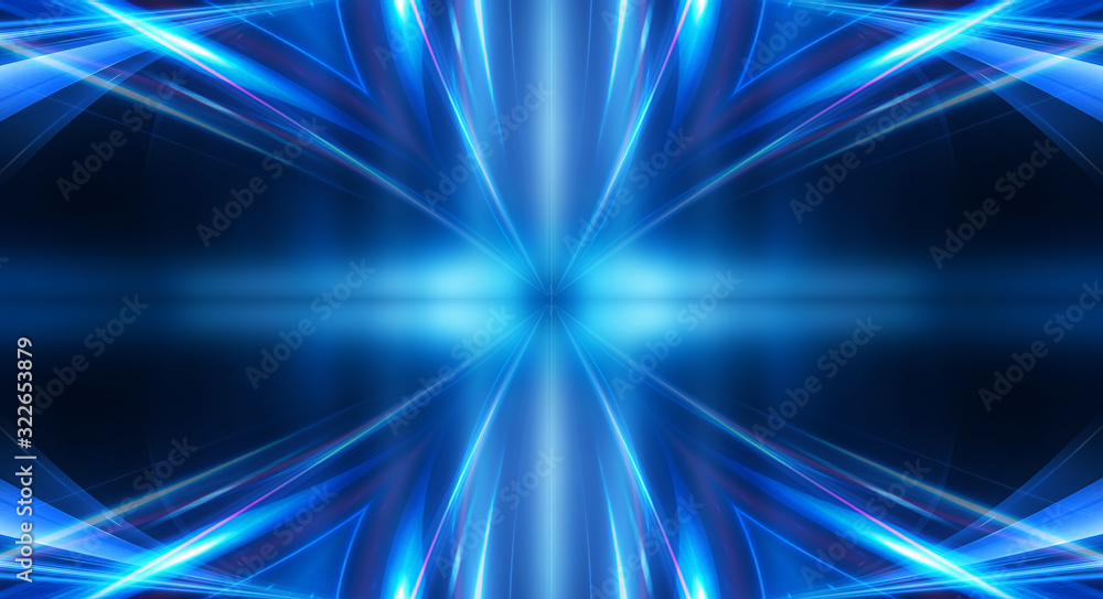 Fototapeta premium Dark background with lines and spotlights, neon light, night view. Abstract blue background. Blue dark empty scene.