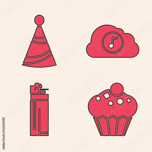 Set Muffin , Party hat , Music streaming service and Lighter icon. Vector