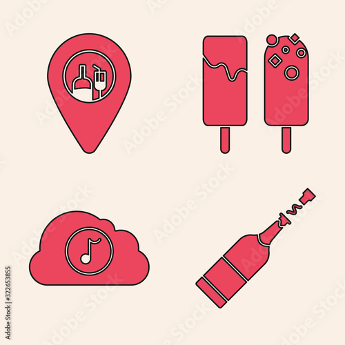 Set Champagne bottle , Alcohol or beer bar location , Ice cream and Music streaming service icon. Vector