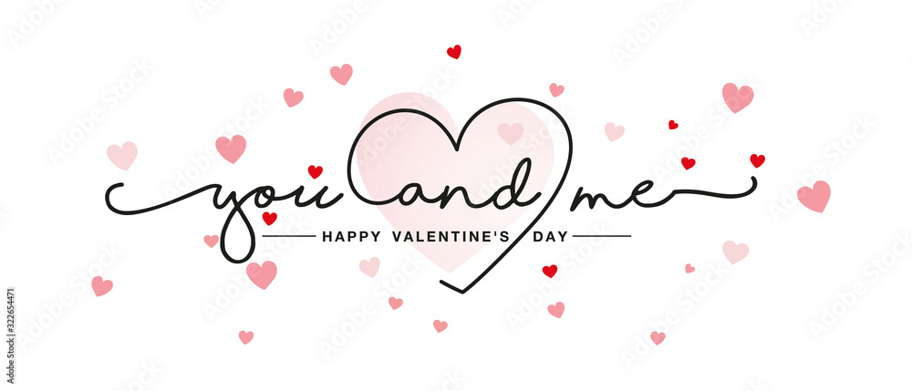 You and me handwritten typography lettering line design heart pink red hearts Valentine's Day greeting card