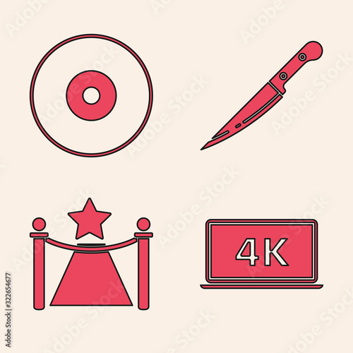 Set Laptop screen with 4k video technology , CD or DVD disk , Knife and Carpet with barriers and star icon. Vector