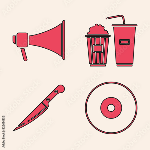 Set CD or DVD disk , Megaphone , Popcorn and soda drink glass and Knife icon. Vector