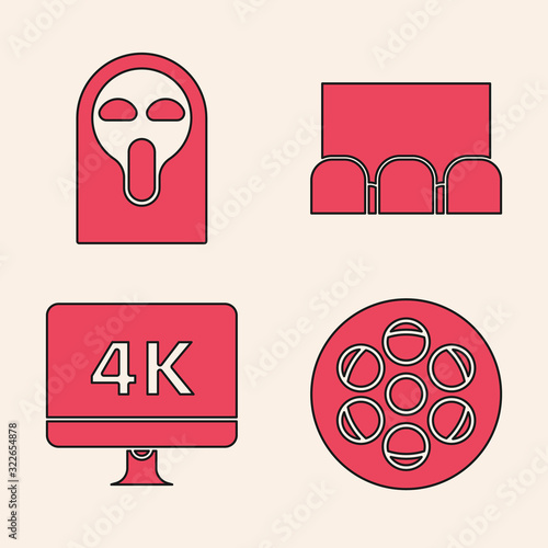 Set Film reel , Funny and scary ghost mask, Cinema auditorium with screen and seats and Computer PC monitor with 4k video technology icon. Vector