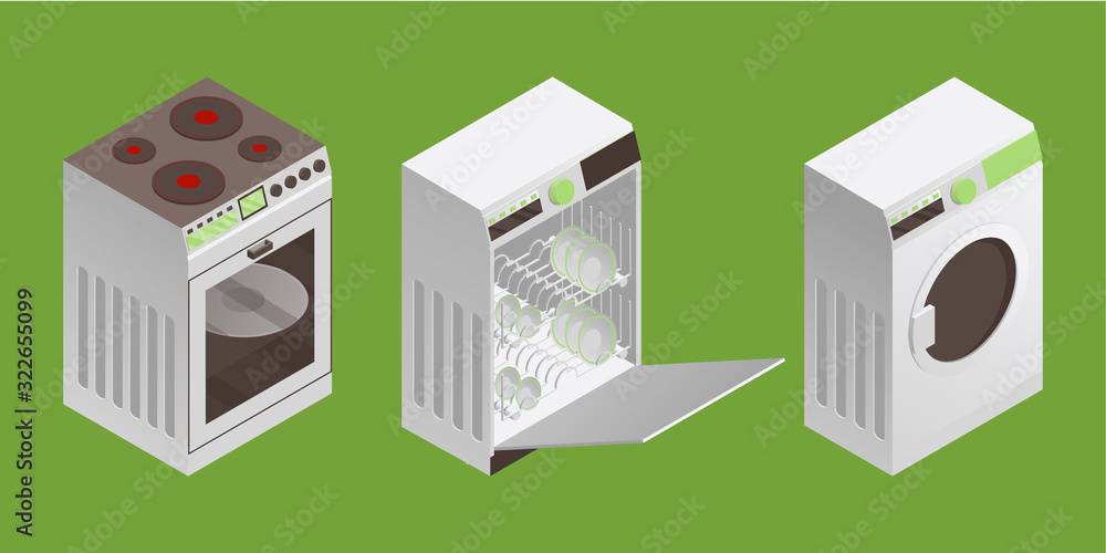 Washing machine, dishwasher machine and electric cooker vector illustration in isometric style. Washing machine, dishwasher machine and electric cooker vector illustration in isometric style.