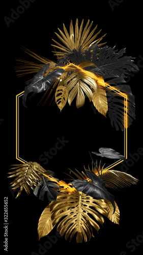 Tropical leaves frame in gold and black, can be used as background