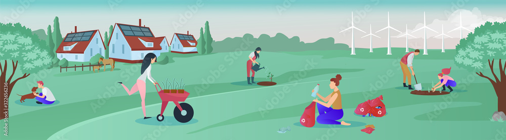 Vector of a group of people living in green rural area cooperating for environmental protection - obrazy, fototapety, plakaty 