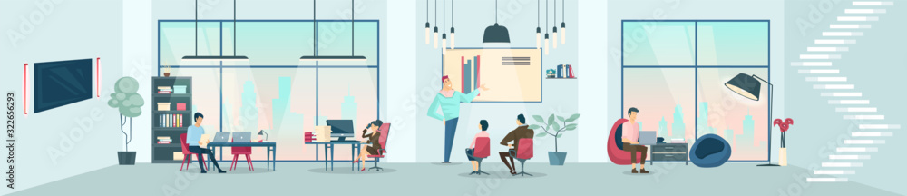 Vector of a business workplace with open spaces and employee working - obrazy, fototapety, plakaty 