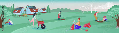 Vector of a group of people living in green rural area cooperating for environmental protection
