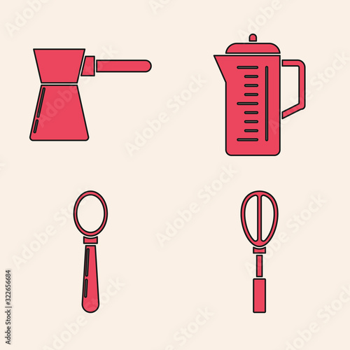 Set Kitchen whisk , Coffee turk , Teapot and Spoon icon. Vector