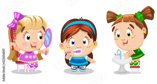 Cute girls brush tooth, comb hair in front of mirror, wash hands standing by sink.