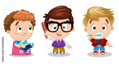 Cartoon boys brush tooth, comb hair, go to lavatory, sit on potty. Daily morning or bedtime routine.