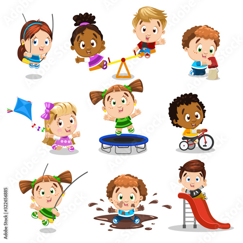 Cute boys and girls go down a slide, sit in mud puddle, play on swing, fly toy kite, jump on trampoline, ride bicycle, play in sandbox.