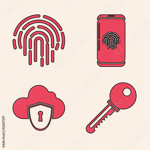 Set Key , Fingerprint , Smartphone with fingerprint scanner and Cloud and shield icon. Vector