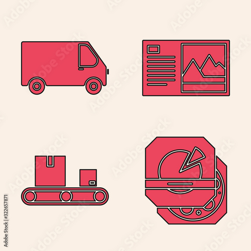 Set Pizza in cardboard box , Delivery cargo truck vehicle , Postcard and Conveyor belt with cardboard box icon. Vector