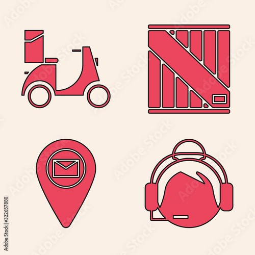 Set Support operator in touch, Scooter delivery , Wooden box and Placeholder on map paper icon. Vector