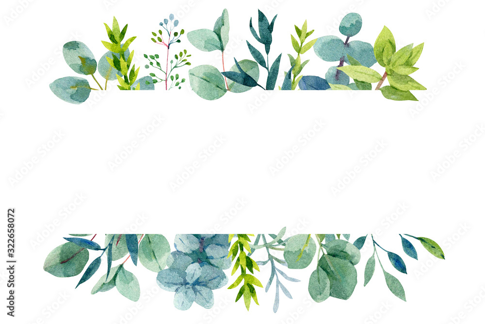 Template for wedding invitation card with branches of green eucalyptus. Hand drawn watercolor illustration. Isolated on white background