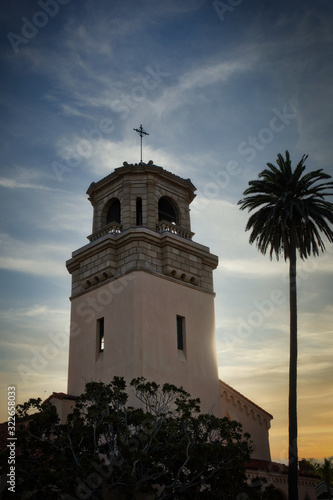 2020-02-11 A OLD CHURCH TOWER IN SOUTHERN CALIFONIA NEAR LA JOLLA WITH A SUNSET AND PALM TREE. © Michael J Magee
