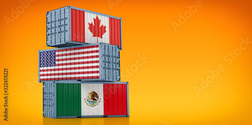 Fotografía Freight containers with Canada, USA and Mexico national flags - NAFTA North Amer