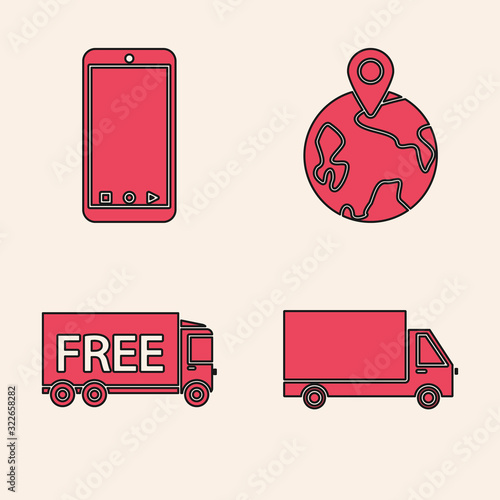 Set Delivery cargo truck vehicle , Mobile phone with app delivery tracking, Worldwide and Free delivery service icon. Vector