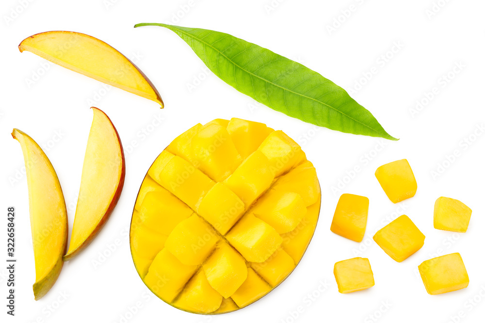 mango slices with green leaves isolated on white background. healthy food. top view