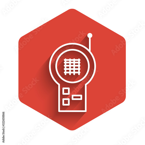 White line Baby Monitor Walkie Talkie icon isolated with long shadow. Red hexagon button. Vector Illustration