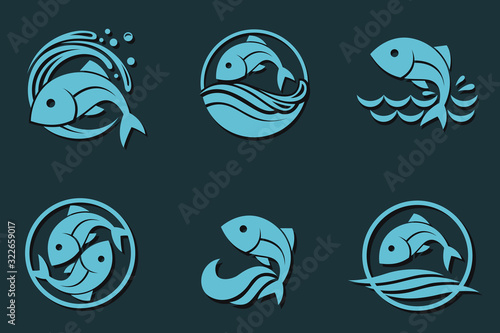 collection of fish icon with waves isolated on dark background