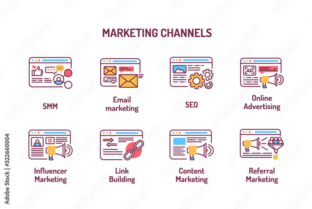Fototapeta premium Marketing channels color line icons, SMM, email marketing, SEO, online advertising. Digital marketing. Pictograms for web page, mobile app, ad. Editable stroke