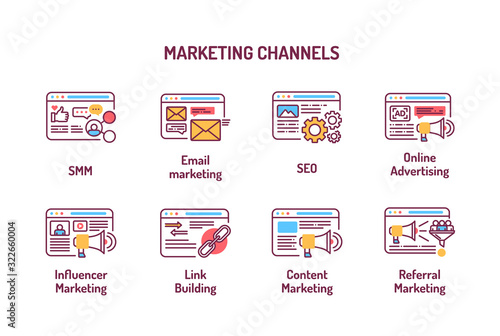 Marketing channels color line icons, SMM, email marketing, SEO, online advertising. Digital marketing. Pictograms for web page, mobile app, ad. Editable stroke