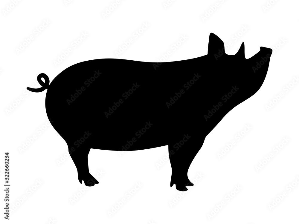 Vector black and white pig with tail silhouette Vector black and white pig with tail silhouette