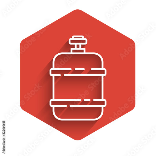 White line Propane gas tank icon isolated with long shadow. Flammable gas tank icon. Red hexagon button. Vector Illustration