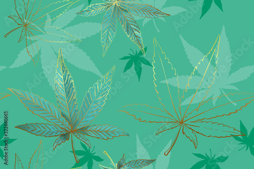 Seamless pattern of gold cannabis leaves. Pattern of green or turquoise marijuana leaf.