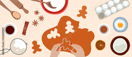 Process of cooking gingerbread vector flat illustration.