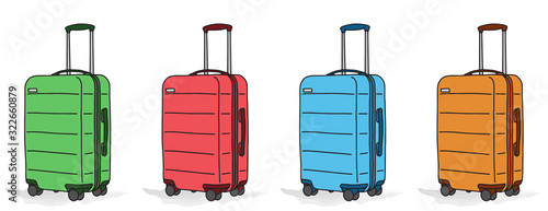 Collection of various baggage with wheels for journey, business trip and vacation. Flat colorful set of luggage on white background. Simple isolated vector illustration.