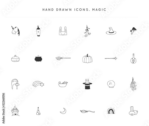 Set of hand drawn icons. Vector logo elements. Magic and fairy tales.