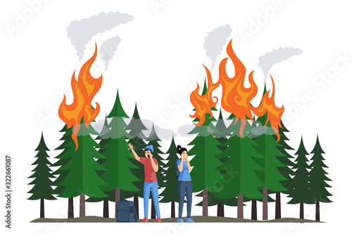 Frightened campers during a fire in forest flat vector illustration. Natural disaster, burning forest.