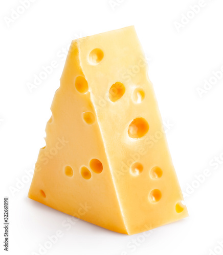 Piece of cheese isolated on white background. Fresh slice cheese maasdam. photo