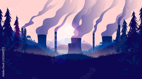 Pollution landscape - Nature environment with factories and large pipes sending smoke in to the atmosphere. Destroying the eco system, polluting, environmental and climate change concept.