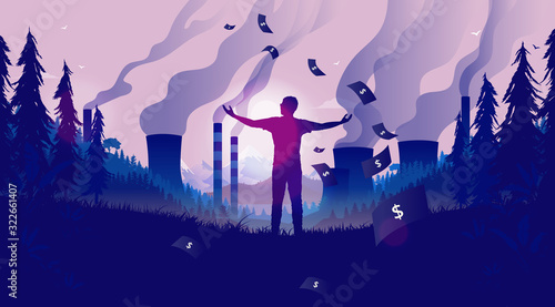 Profits from pollution - Man enjoying the view from polluting factories, smoke is rising, money is raining down. Dirty money, profitable pollution, and eco unfriendly concept illustration.
