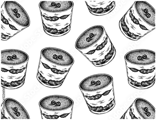 Black and white pattern with sketch hand drawn italian dessert tiramisu. Vintage, retro engraving cake in cup with mascarpone , coffee, cacao powder. Wallpaper for menu, cafe, bar. Vector illustration