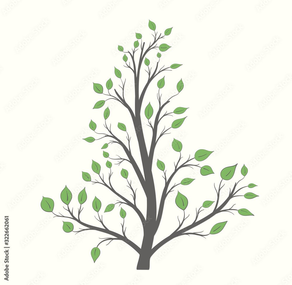 Tree with branches and green leaves of different sizes on a light background Tree with branches and green leaves of different sizes on a light background