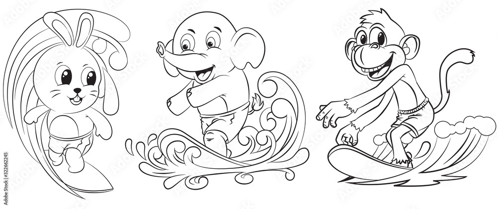 collection of cartoon animals surfing used for coloring book