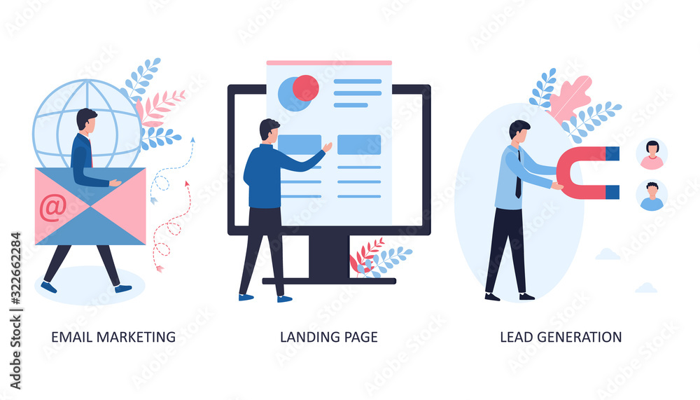 3 concepts email marketing, landing page, lead generation. Website promotion by sending e-mails to customers. Creation of a site for receiving orders for goods and services. Flat vector illustration.