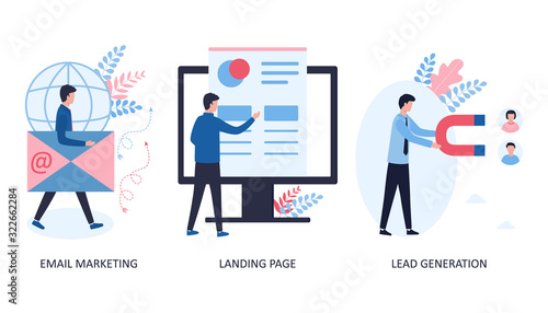 3 concepts email marketing  landing page  lead generation. Website promotion by sending e-mails to customers. Creation of a site for receiving orders for goods and services. Flat vector illustration.