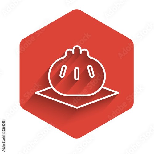 White line Khinkali on cutting board icon isolated with long shadow. Traditional georgian dumpling. Red hexagon button. Vector Illustration