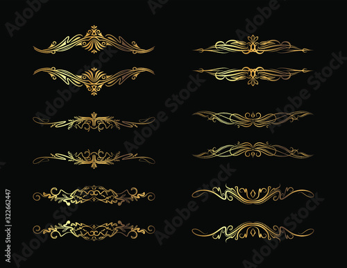 Set of of rich decorated vintage gold borders, frames, dividers for text isolated on a black background for your design.