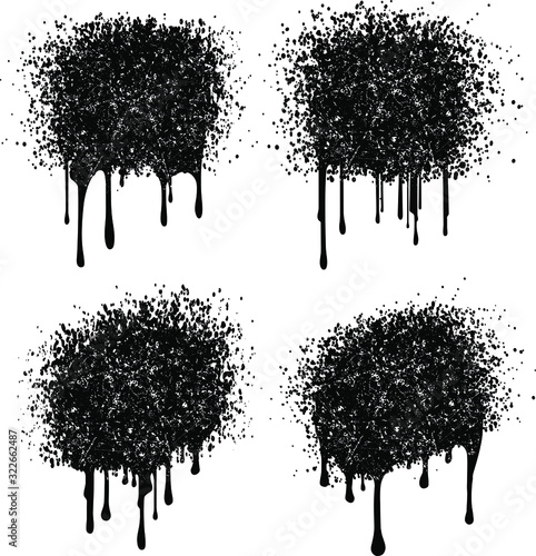 Set of 4 grunge, shabby and cracked black grunge decors with paint drips and spray blobs. Vector illustration for your design.